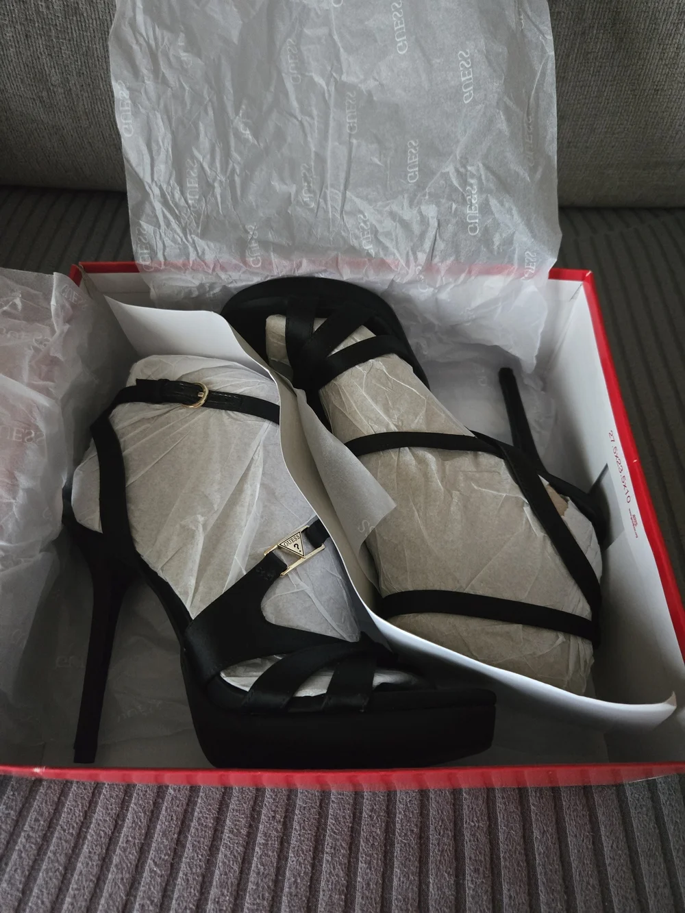 GUESS Levinna Black Satin High Heel Strappy Sandals
